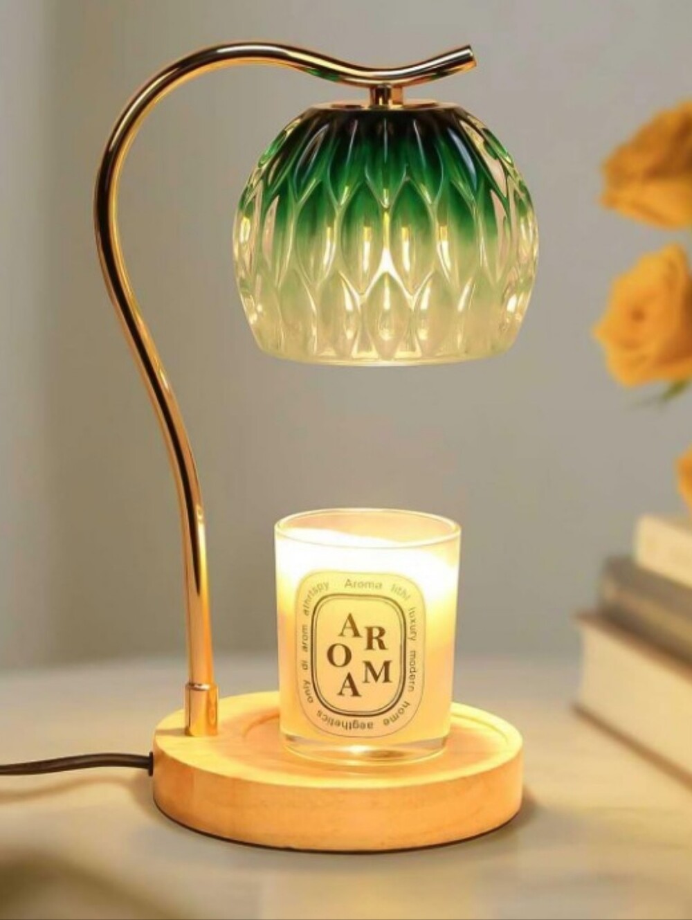 Green Glass Shade Aromatherapy Lamp with Wooden Base